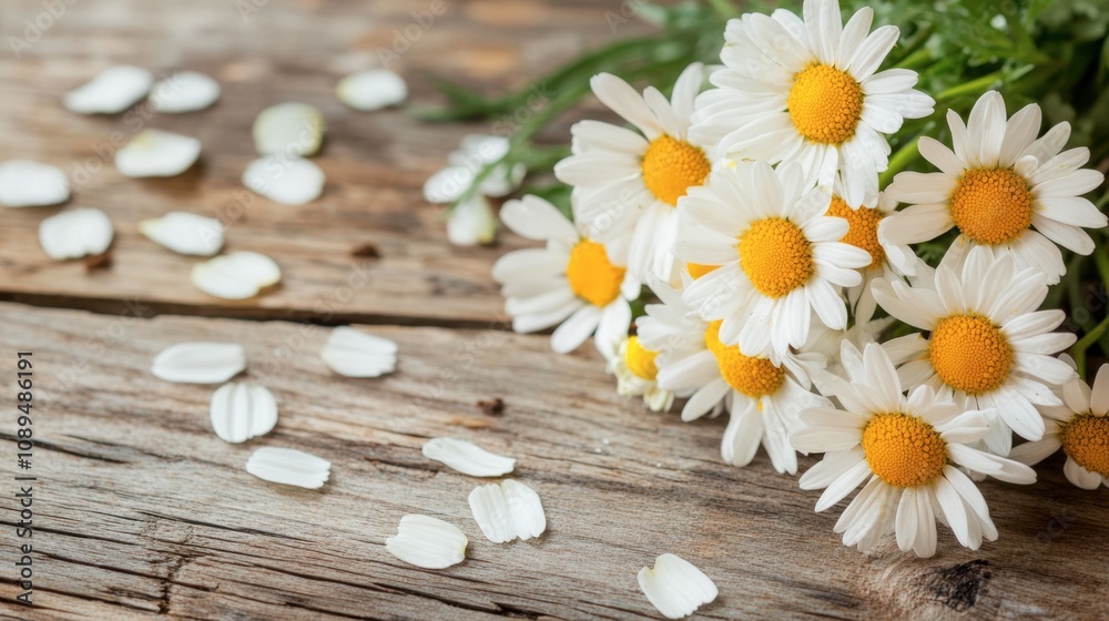 Obraz premium A bouquet of daisies lying on a wooden table, surrounded by scattered petals.