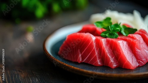 Fresh sushi-grade tuna slices served with herbs on a dark ceramic plate. photo