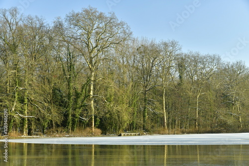 Le Grand Canal en partie pris par la glace en pleine nature bucolique au domaine d'Arenberg à Enghien  photo