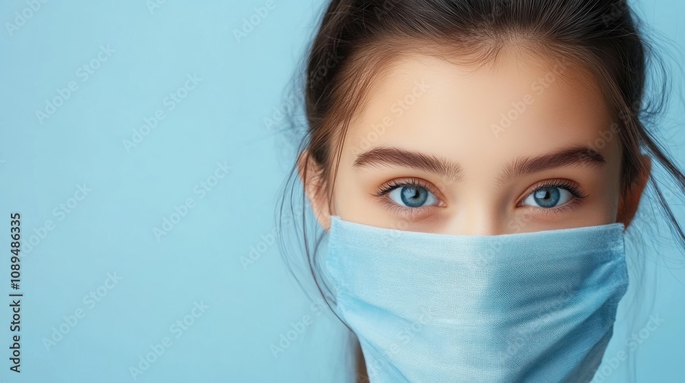 Young Woman in Face Mask Against Blue Background Young Woman in Face Mask Against Blue Background