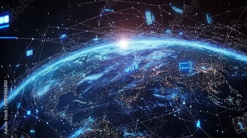 Vibrant depiction of a planet Earth surrounded by a glowing network of lines connecting cities and symbols of technology innovation and governance