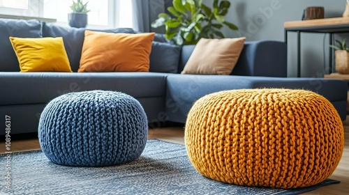 Stylish Living Room with Knitted Poufs and Cozy Pillows