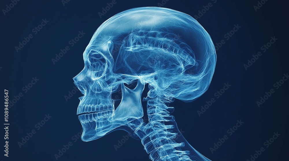 Detailed X-ray Image of a Human Skull and Cervical Spine Showcasing Bone Structures and Anatomy with Blue Background for Medical and Educational Purposes