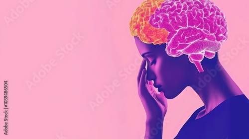 A silhouette of a person with a colorful brain illustration, depicting thoughts or emotions, against a vibrant pink background.