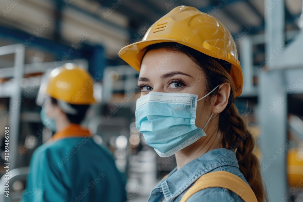 Female factory worker and engineer wear masks during pandemic. Female factory worker and engineer wear masks during pandemic.