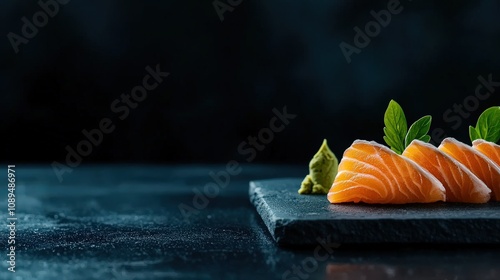 Sliced salmon sashimi on a dark slate with wasabi and herbs.