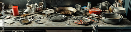 Grungy Grill: A kitchen counter strewn with dirty dishes, burnt pans, and discarded utensils.