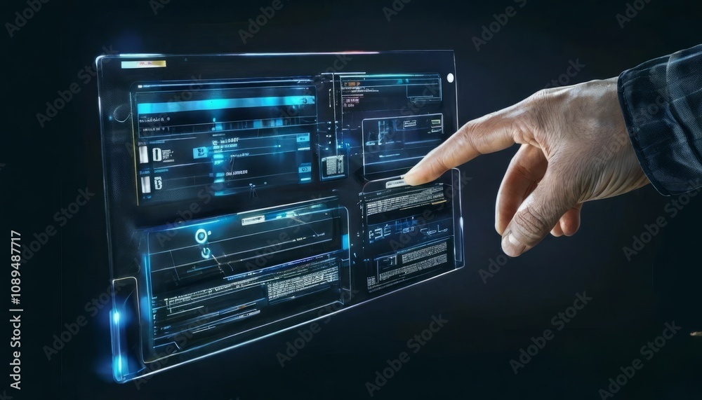 Close-up of a hand gracefully holding a symbol signifying technology, data flow and innovation in a dark, futuristic atmosphere Close-up of a hand gracefully holding a symbol signifying technology, data flow and innovation in a dark, futuristic atmosphere