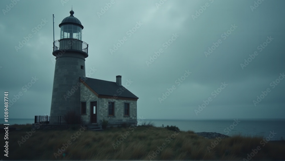 A solitary lighthouse stands against a moody sky, overlooking a calm sea, evoking solitude and guidance. Generative, AI, A solitary lighthouse stands against a moody sky, overlooking a calm sea, evoking solitude and guidance. Generative, AI,