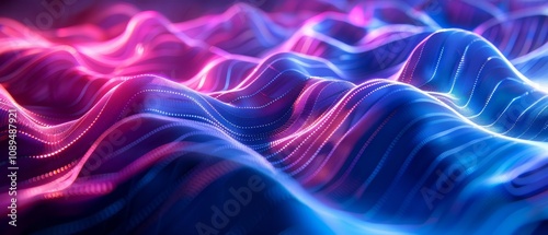 Wavy fabric with geometric pattern and magenta and blue hues. Neon abstract background.