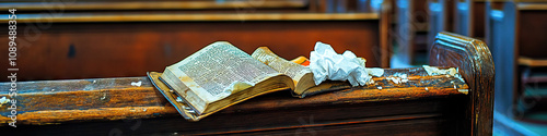 A church pew littered with wadded up tissues and a used hymnal.