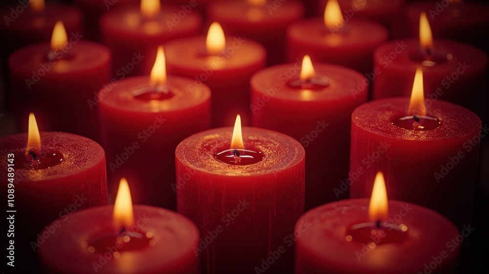 Many red candles burning brightly in the dark. Many red candles burning brightly in the dark.