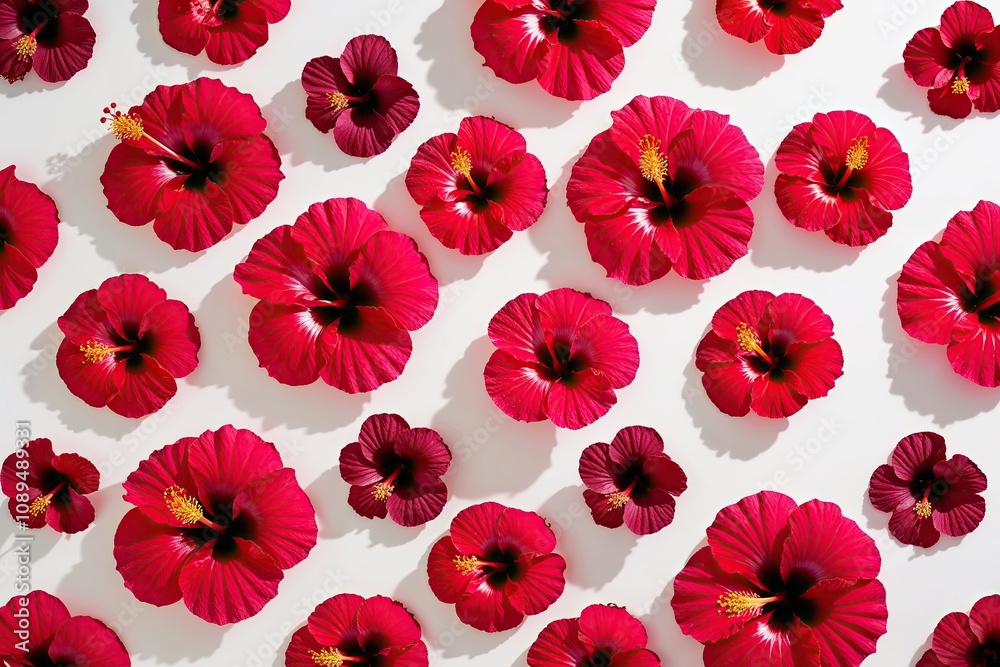 Radiant Crimson Hibiscus Blossoms on Bright White Background Radiant Crimson Hibiscus Blossoms on Bright White Background