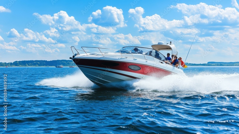 Fototapeta premium Experience Thrilling Water Adventures with a High-Speed Boat Ride on a Sunny Day