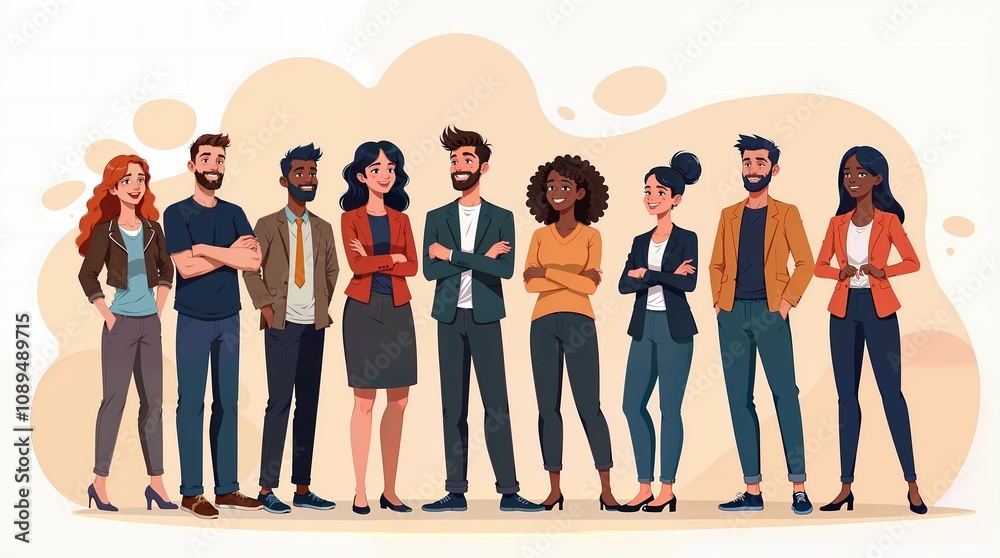 Obraz premium A diverse group of professionals and students come together to work together and smile. The illustration shows different professionals and students together.