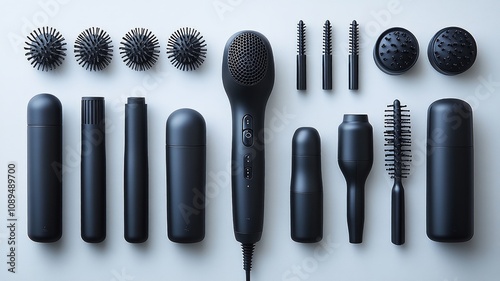 Complete black grooming kit featuring various tools and brushes photo