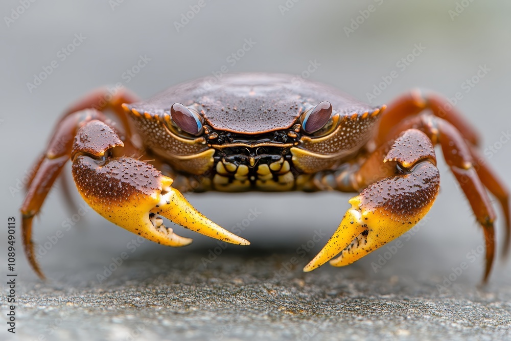  a brown crab with yellow claws on a gray surface Its body is a mix of brown and yellow colors, and the background is slightly blurred