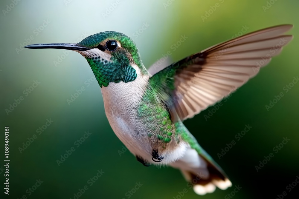 Fototapeta premium a hummingbird flying through the air with its wings spread, its vibrant green and white feathers standing out against a blurred background
