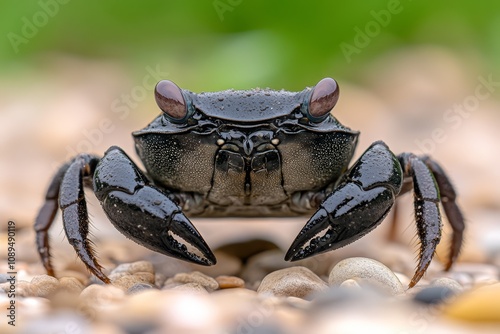  a black crab standing on top of a rocky beach, with a blurred background photo