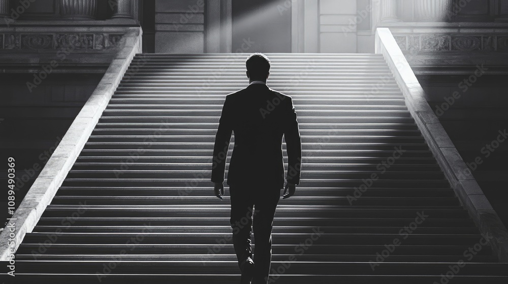 Man in Suit Walking Up Steps in Dramatic Black and White Photography with Natural Light Highlighting the Staircase in Historical Building Setting Man in Suit Walking Up Steps in Dramatic Black and White Photography with Natural Light Highlighting the Staircase in Historical Building Setting