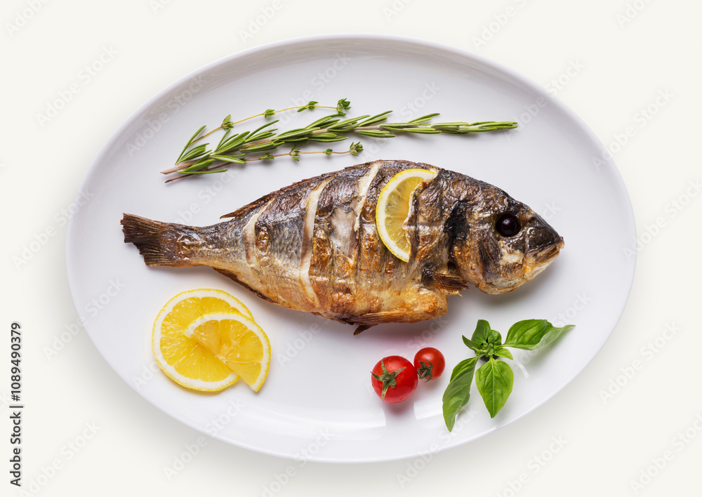 Grilled fish on plate isolated on white background. Cutout and mockup for restaurant menu, top view Grilled fish on plate isolated on white background. Cutout and mockup for restaurant menu, top view