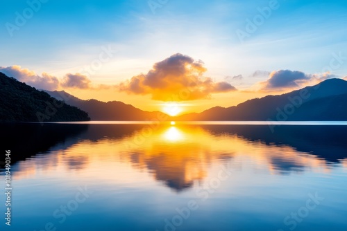  a beautiful sunset over a body of water with mountains in the background The sky is painted with a mix of vibrant oranges, pinks, and purples, and the sun is setti