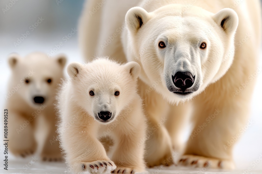 a mother polar bear and her two cubs walking in the snow, with a blurred background a mother polar bear and her two cubs walking in the snow, with a blurred background