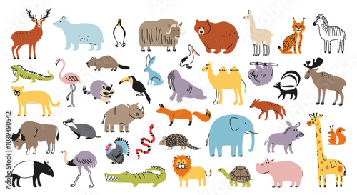 Large set of animals of America, Europe and Africa. Wild animals, reptiles and birds. Linear vector characters in doodle flat style