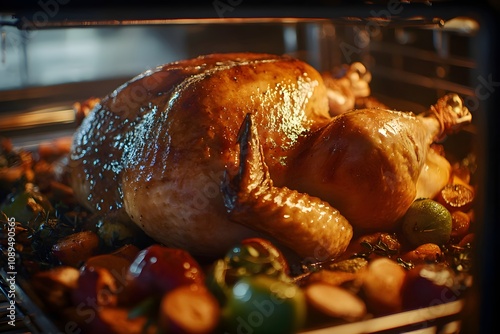 Close-up view of a perfectly roasted golden-brown turkey in an oven, juices glistening, surrounded by caramelized vegetables, with a warm glow from the oven light photo