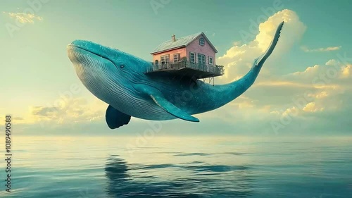 a beautiful blue whale with a blue back and white stomach floating in mid-air. Its back holds a beautiful pink house. 