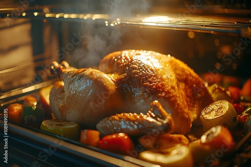 Close-up view of a perfectly roasted golden-brown turkey in an oven, juices glistening, surrounded by caramelized vegetables, with a warm glow from the oven light