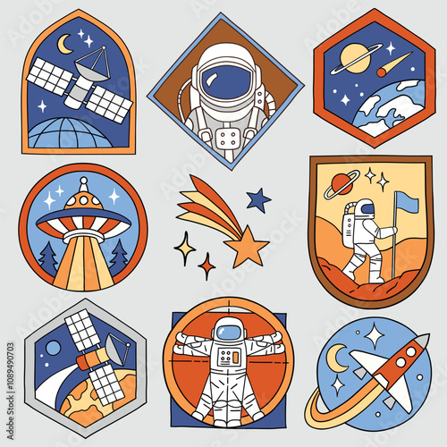 Set of vector space patches. Hand drawn vintage spacecraft badges. Perfect for tee shirt logo, greeting card, poster or nursery print design. EPS 10 vector file.