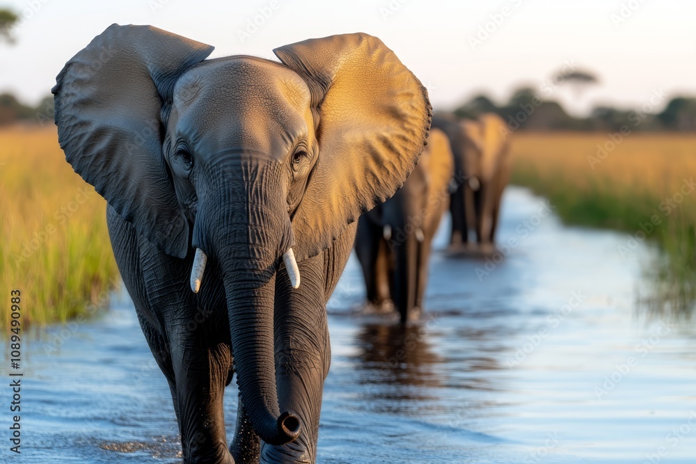 Fototapeta premium a herd of elephants walking across a body of water, surrounded by lush green grass and trees in the background, with a clear blue sky above