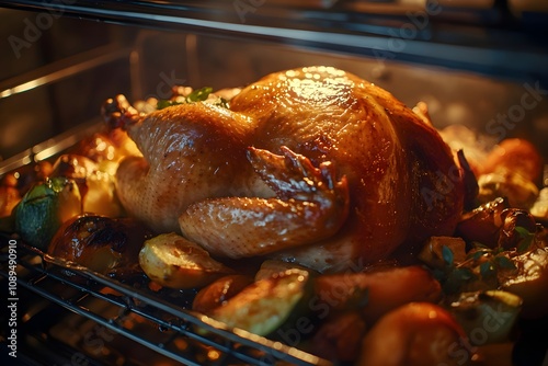 Close-up view of a perfectly roasted golden-brown turkey in an oven, juices glistening, surrounded by caramelized vegetables, with a warm glow from the oven light photo