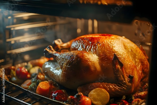 Close-up view of a perfectly roasted golden-brown turkey in an oven, juices glistening, surrounded by caramelized vegetables, with a warm glow from the oven light photo