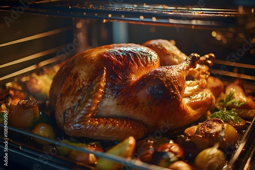 Close-up view of a perfectly roasted golden-brown turkey in an oven, juices glistening, surrounded by caramelized vegetables, with a warm glow from the oven light photo