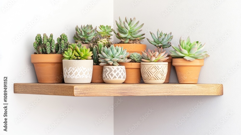 Fototapeta premium Aesthetic Display of Lush Succulents in Tan Pots on Minimalist Wooden Shelf Against Light Wall, Ideal for Home Decor Inspiration and Plant Enthusiasts