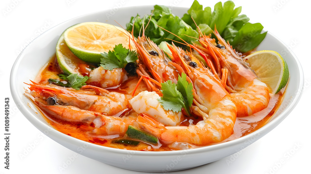 Spicy Thai Tom Yum Soup with Juicy Shrimps, Lemongrass, and Lime in a White Bowl for Restaurant Promotions Spicy Thai Tom Yum Soup with Juicy Shrimps, Lemongrass, and Lime in a White Bowl for Restaurant Promotions