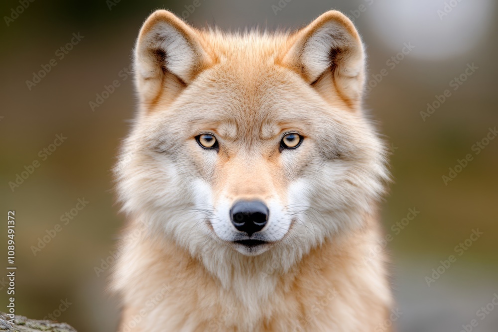 a close up of a brown wolf with yellow eyes looking directly at the camera, set against a blurred background a close up of a brown wolf with yellow eyes looking directly at the camera, set against a blurred background