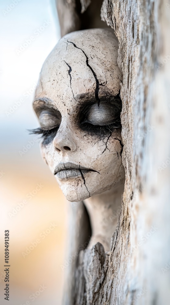 a woman's face peeking out from behind a tree trunk, with a blurred background Her face is in focus, while the background is slightly blurred, giving the image a dreamy, ethereal feel a woman's face peeking out from behind a tree trunk, with a blurred background Her face is in focus, while the background is slightly blurred, giving the image a dreamy, ethereal feel