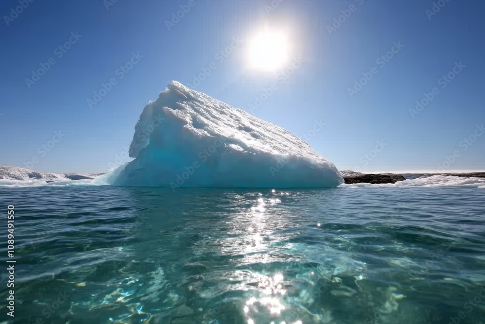  an iceberg floating in the ocean with the sun shining brightly in the background The iceberg is surrounded by a vast expanse of blue water, and the sky is a brilli