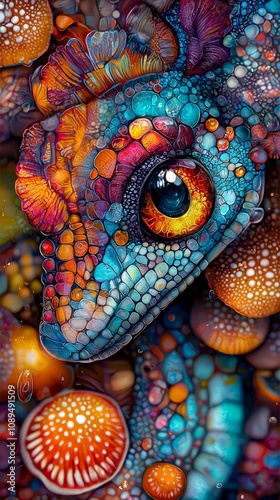  a close up of a colorful chameleon's eye, with its vibrant colors and intricate details standing out against the background Its eyes are wide open, giving it a curious and inquisitive look