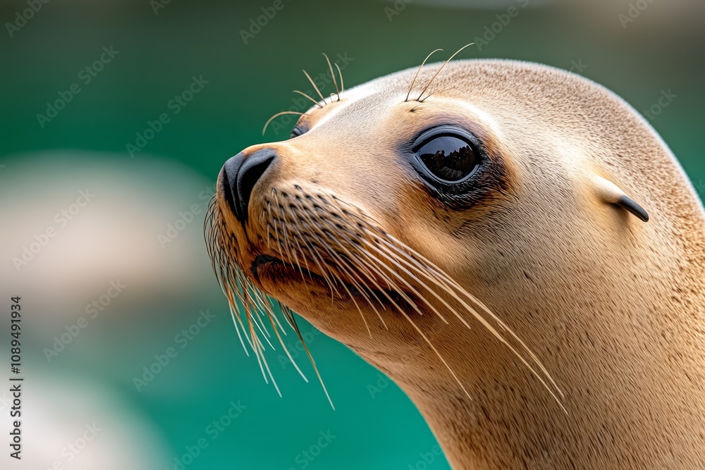 Fototapeta premium a close up of a California sea lion looking up at the camera with a blurred background