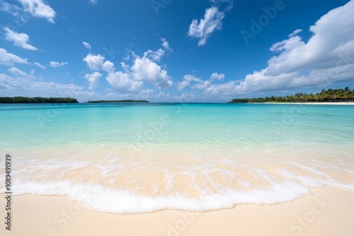  a beach with crystal clear blue water and white sand, surrounded by lush green trees and a bright blue sky with fluffy white clouds