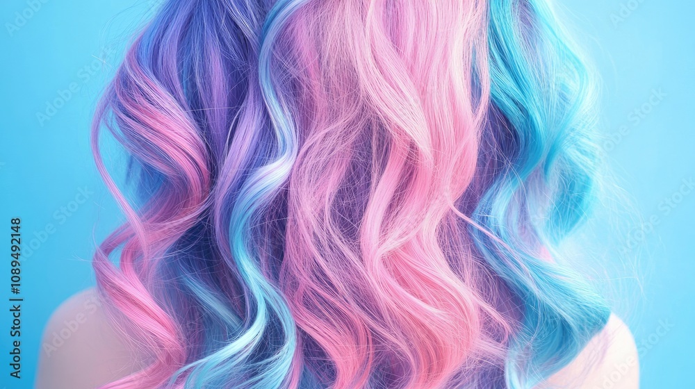Vibrant Pastel Hair with Waves in Shades of Pink and Blue Against a Soft Blue Background for Fashion and Beauty Concepts Vibrant Pastel Hair with Waves in Shades of Pink and Blue Against a Soft Blue Background for Fashion and Beauty Concepts
