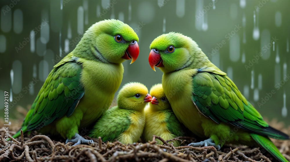 Fototapeta premium two green parrots in a nest in the rain