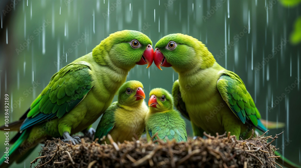 Obraz premium two green parrots in a nest in the rain