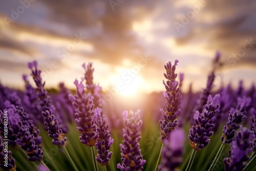  a field of lavender flowers with the sun setting in the background, creating a beautiful and peaceful atmosphere The flowers are a deep purple hue, and the sky is