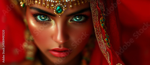 Close-up of an Indian woman with golden skin and colorful makeup, on a red background, high contrast, 