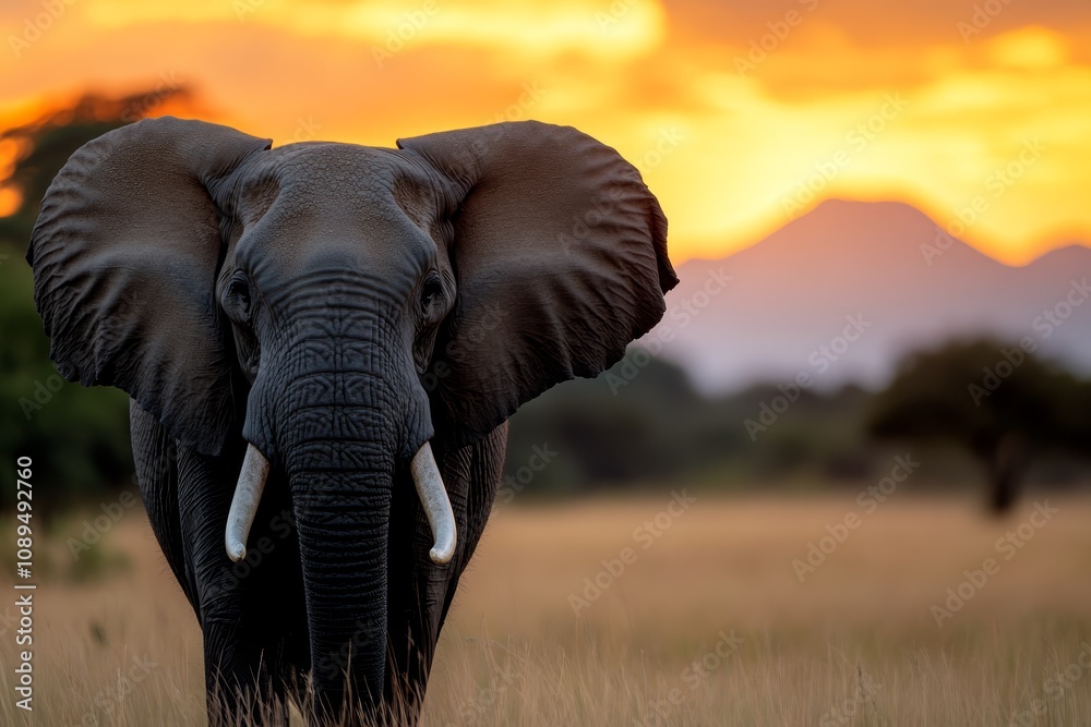 Obraz premium an elephant standing in the middle of a field at sunset, surrounded by lush green grass and trees in the background The sky is painted in a beautiful array of oran